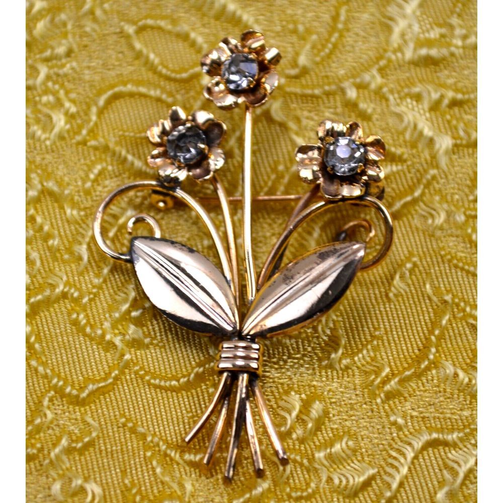 Vintage‎ Gold Tone Brooch Pin  Pendant Flower w/ Clear Rhinestones 2.25"